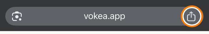Barra de direcciones de Chrome en un iPhone, con el botón Compartir resaltado en naranja, a la derecha de vokea.app